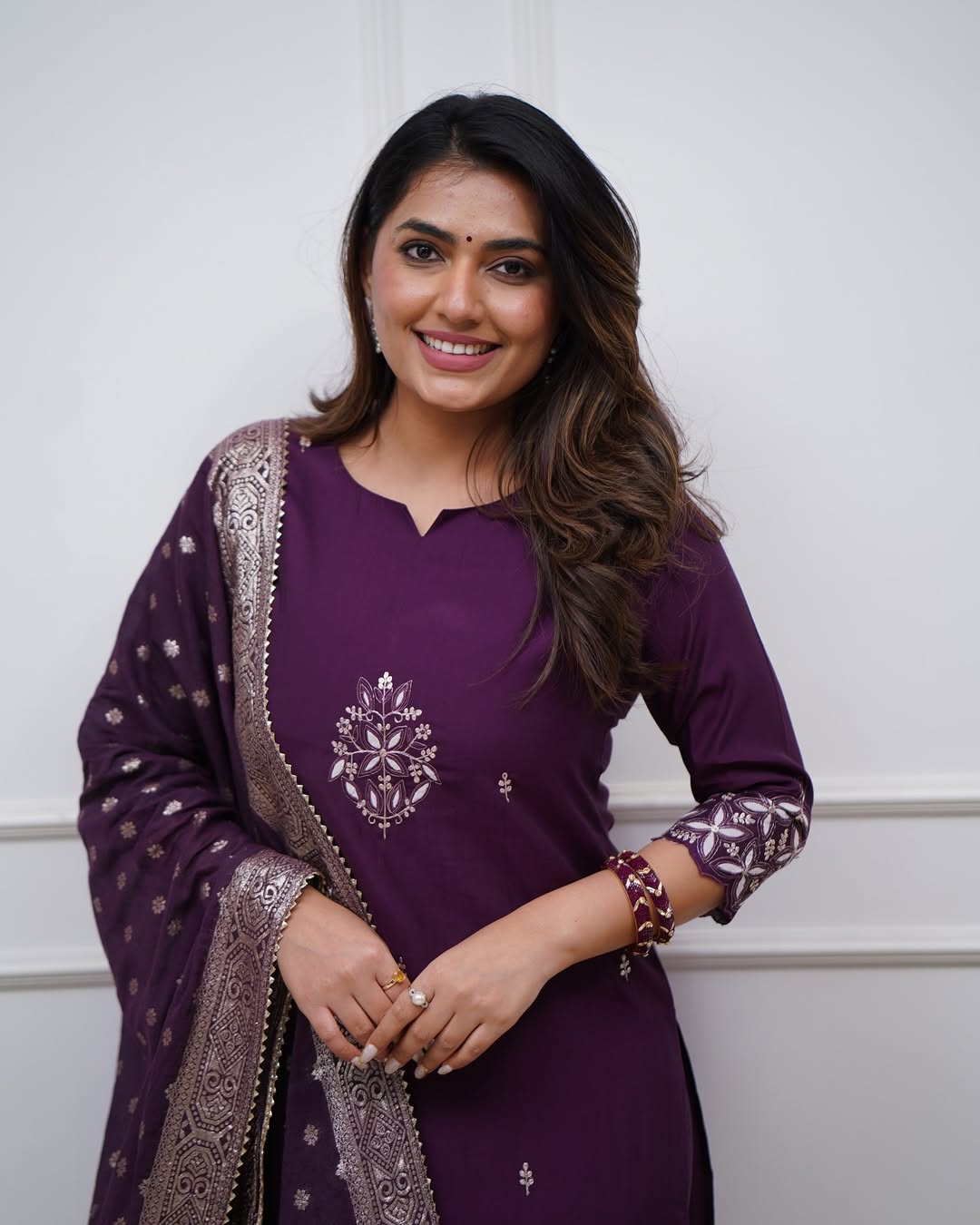Festive Purple Chanderi Kurta Pant Set with Dupatta