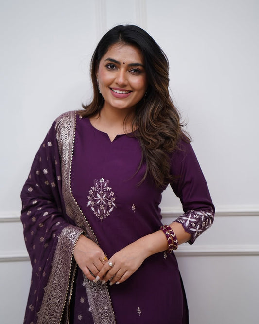 Festive Purple Chanderi Kurta Pant Set with Dupatta