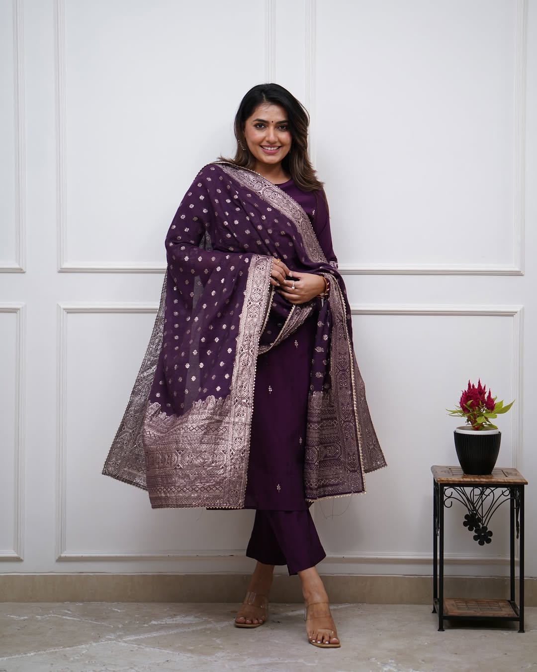 Festive Purple Chanderi Kurta Pant Set with Dupatta