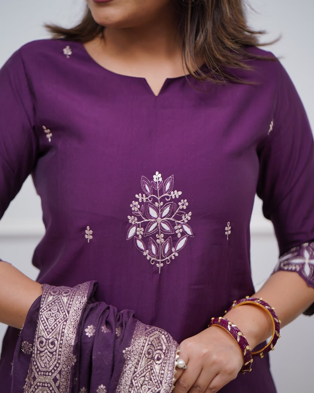 Festive Purple Chanderi Kurta Pant Set with Dupatta