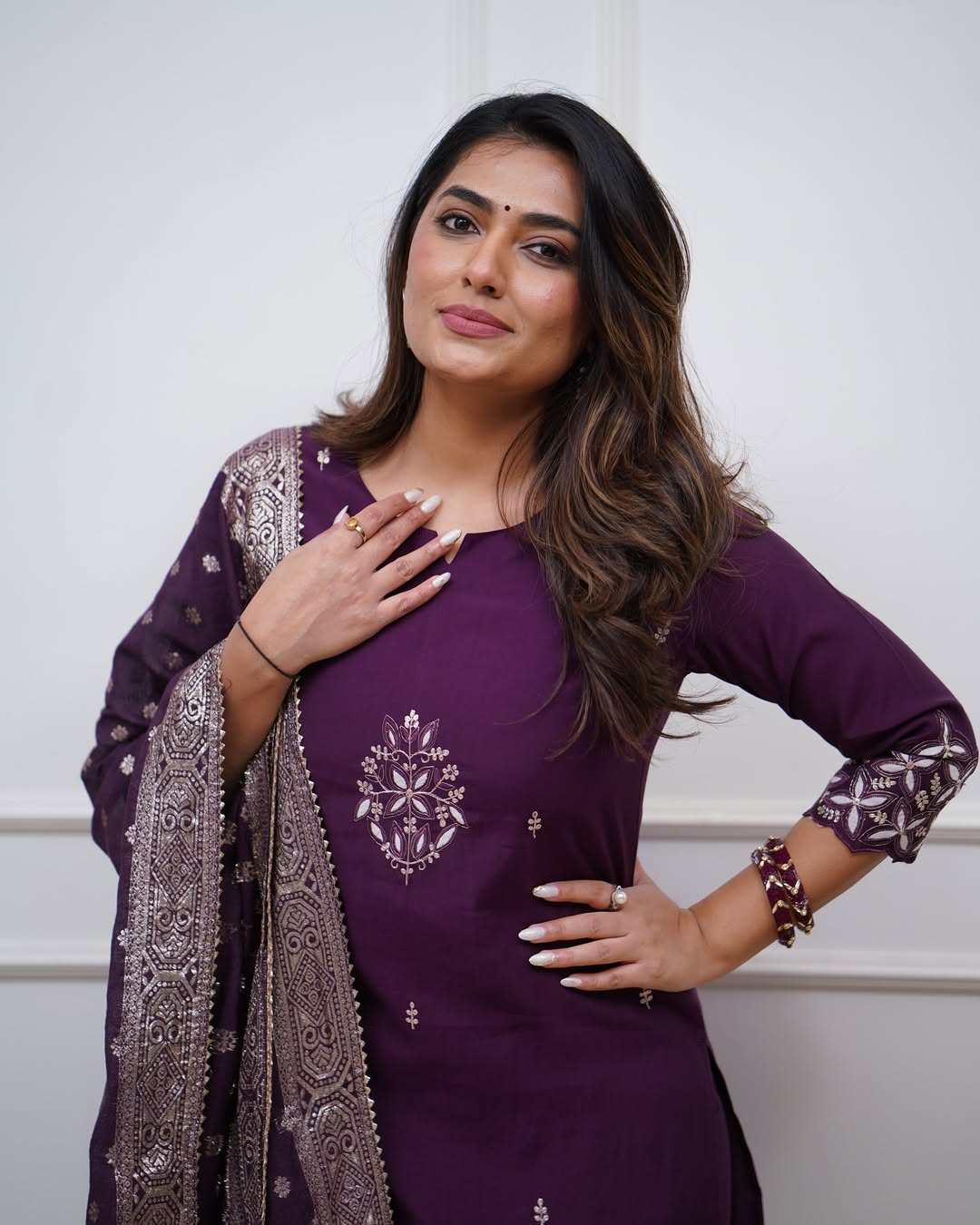 Festive Purple Chanderi Kurta Pant Set with Dupatta