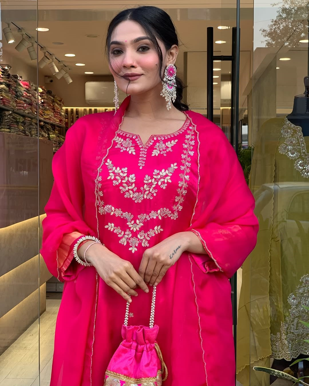 Rani Pink Viscose Silk Suit Set with Dupatta | Embroidered Designer Kurta Set
