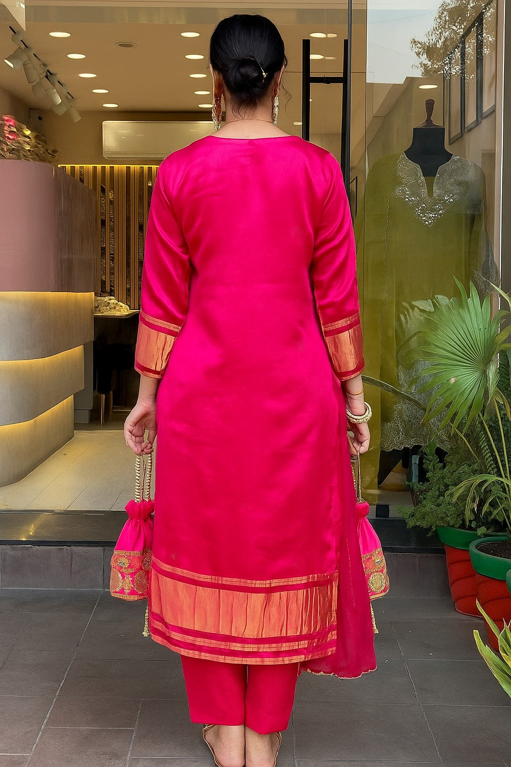Rani Pink Viscose Silk Suit Set with Dupatta | Embroidered Designer Kurta Set
