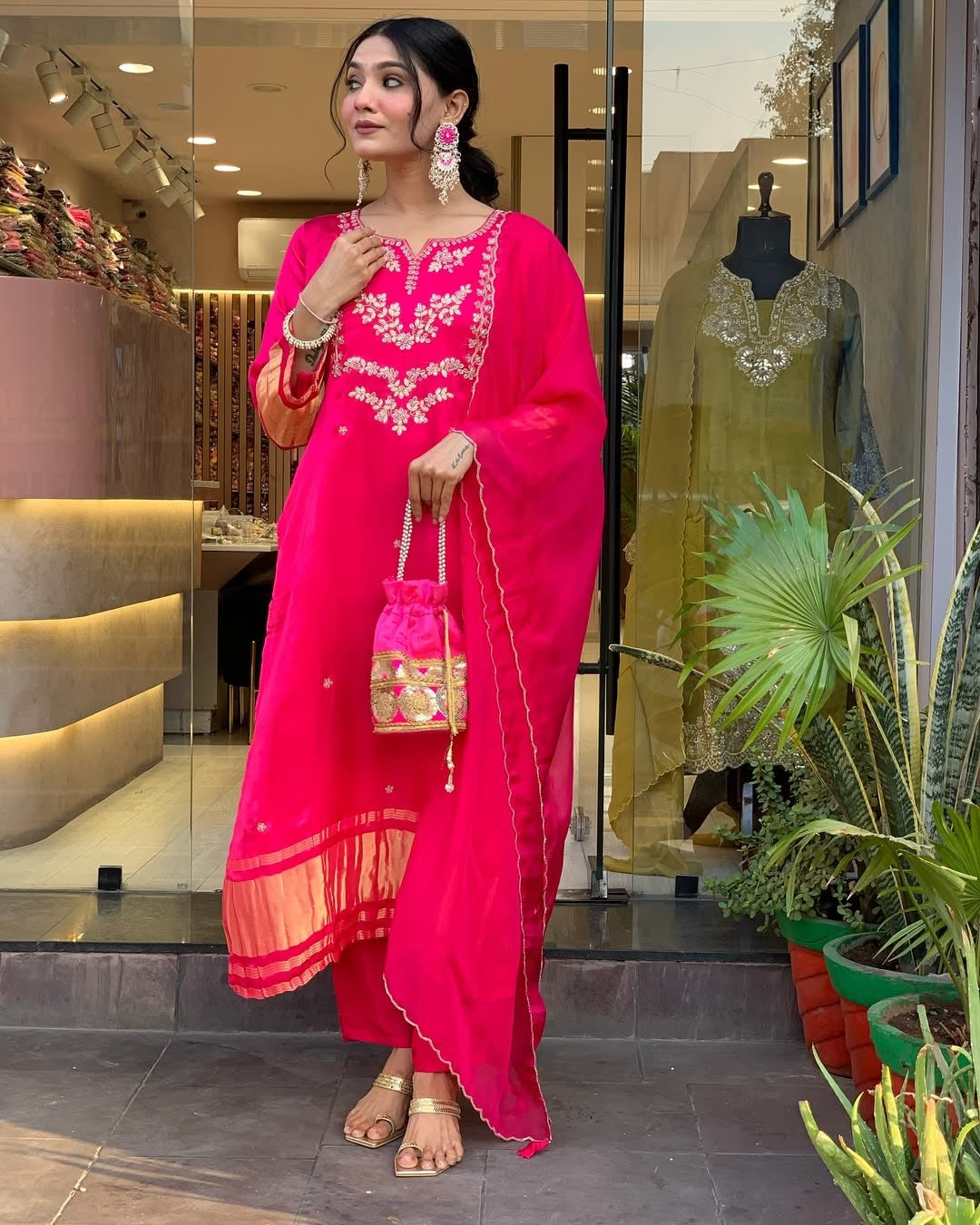 Rani Pink Viscose Silk Suit Set with Dupatta | Embroidered Designer Kurta Set