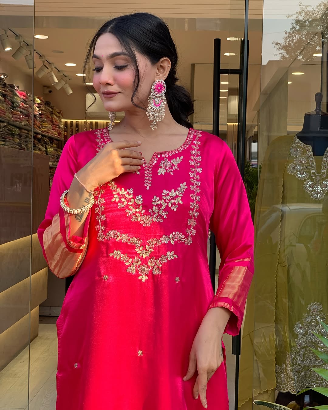 Rani Pink Viscose Silk Suit Set with Dupatta | Embroidered Designer Kurta Set