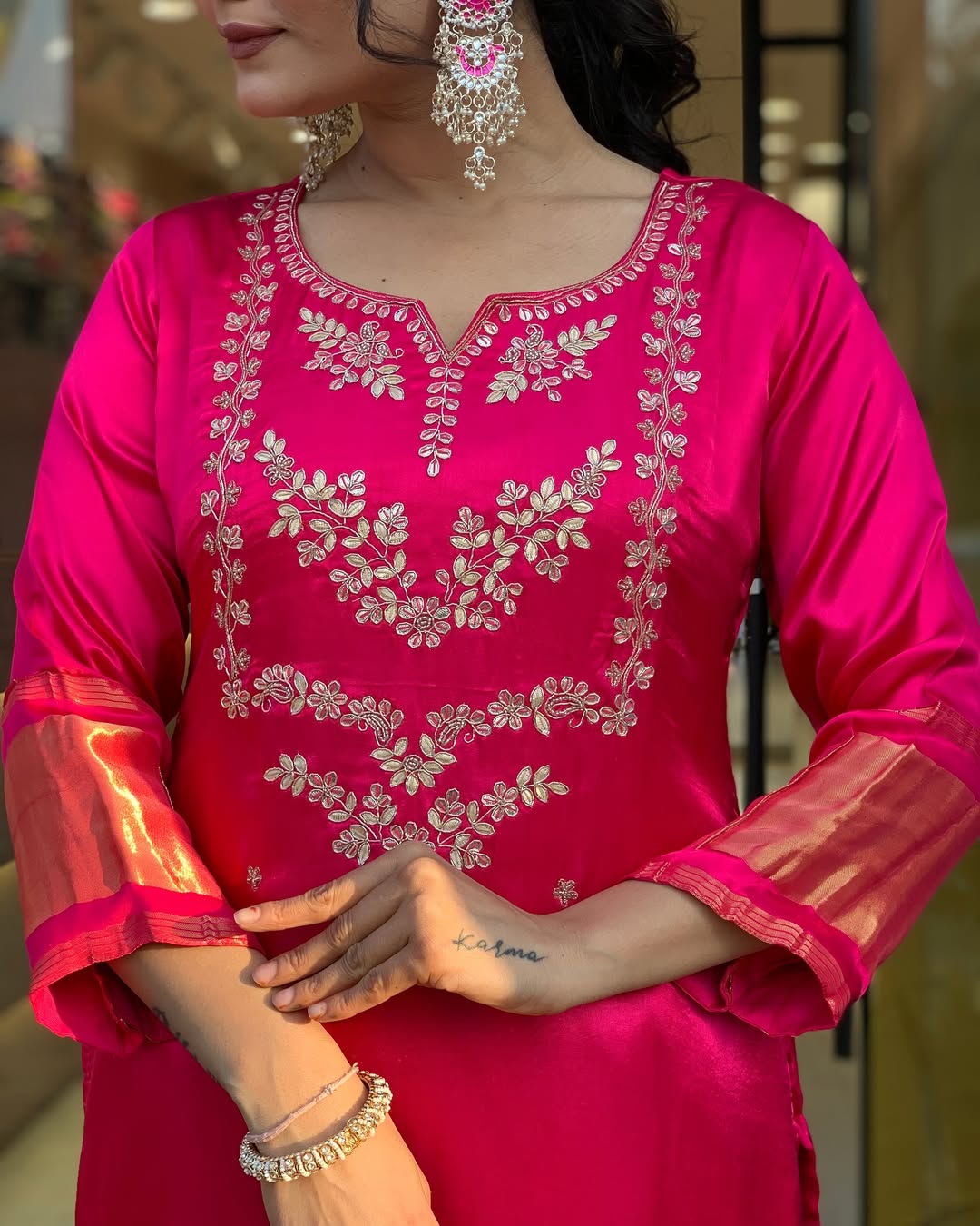 Rani Pink Viscose Silk Suit Set with Dupatta | Embroidered Designer Kurta Set