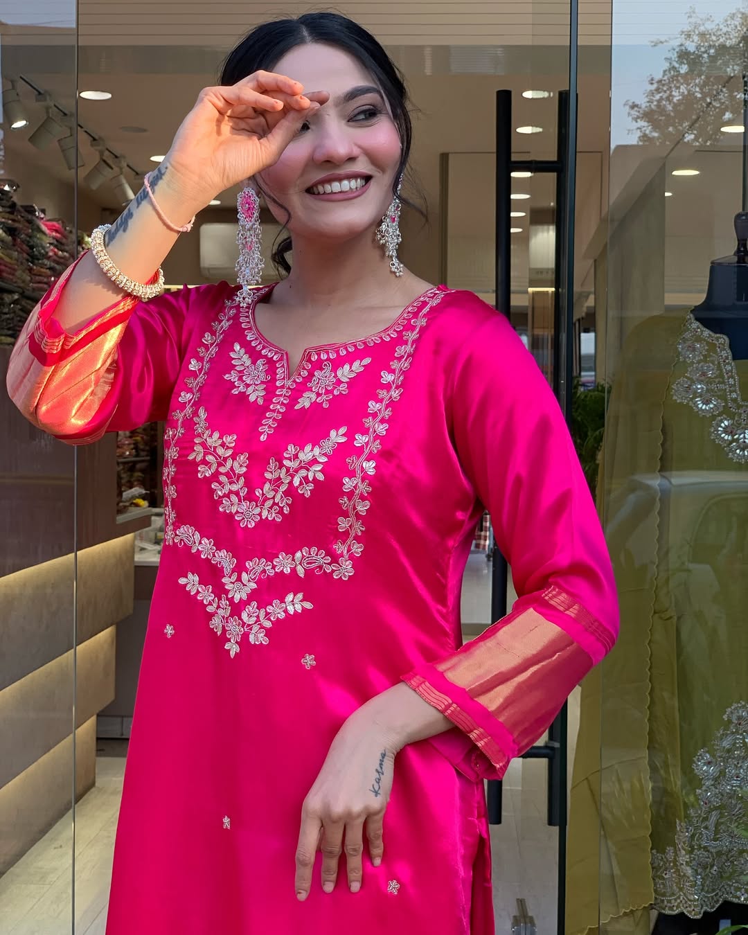 Rani Pink Viscose Silk Suit Set with Dupatta | Embroidered Designer Kurta Set