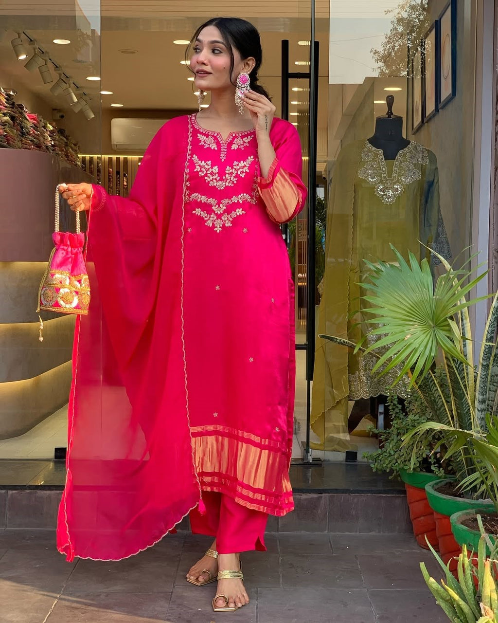 Rani Pink Viscose Silk Suit Set with Dupatta | Embroidered Designer Kurta Set