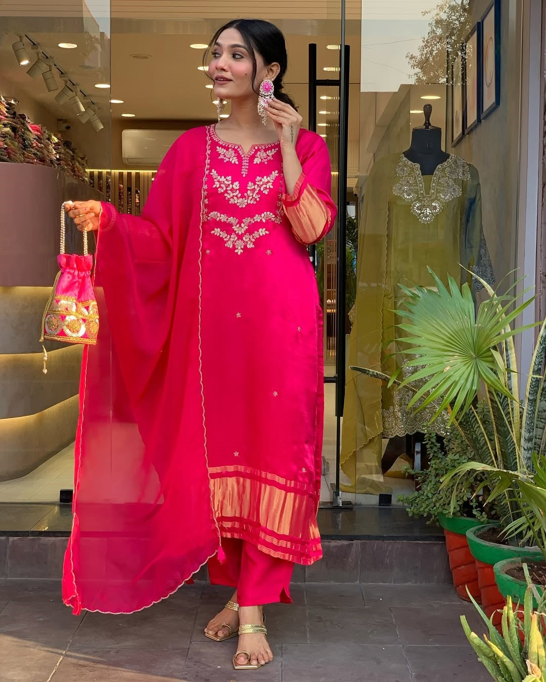 Rani Pink Viscose Silk Suit Set with Dupatta | Embroidered Designer Kurta Set