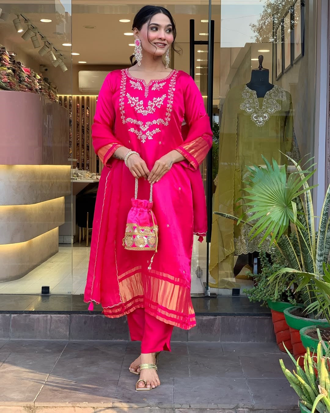 Rani Pink Viscose Silk Suit Set with Dupatta | Embroidered Designer Kurta Set