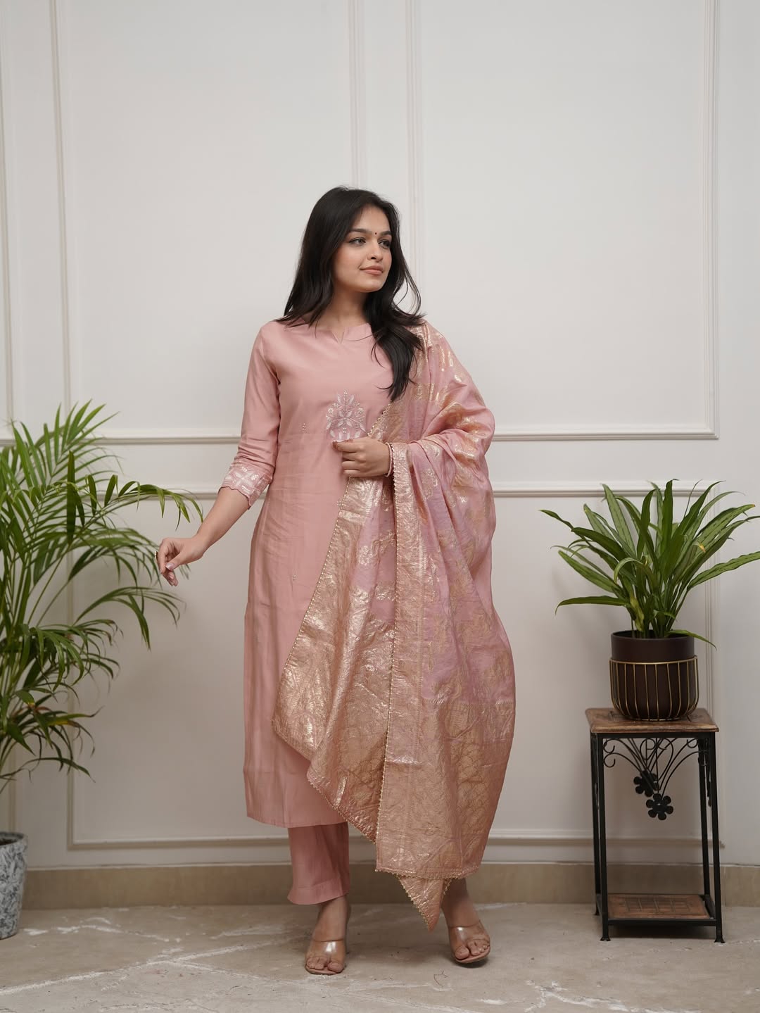 Peach PV Chanderi Suit Set with Dupatta | Elegant Embroidered Kurta Set
