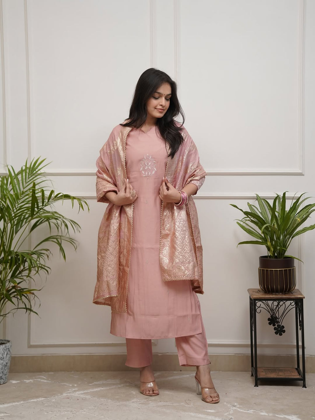 Peach PV Chanderi Suit Set with Dupatta | Elegant Embroidered Kurta Set