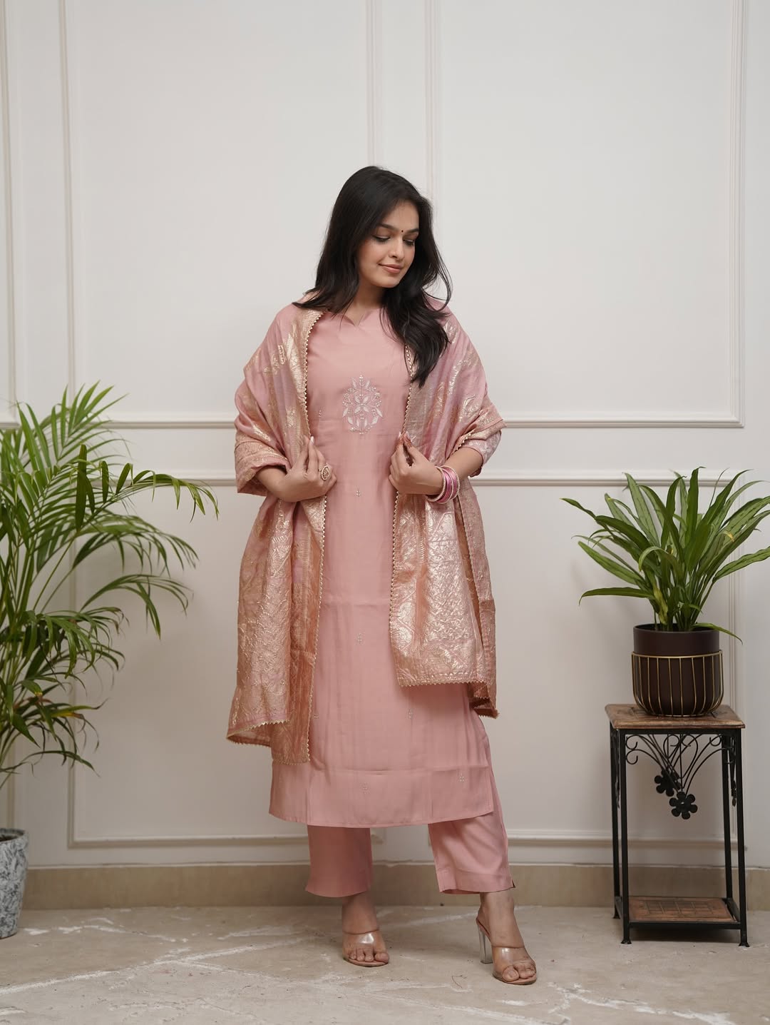 Peach PV Chanderi Suit Set with Dupatta | Elegant Embroidered Kurta Set