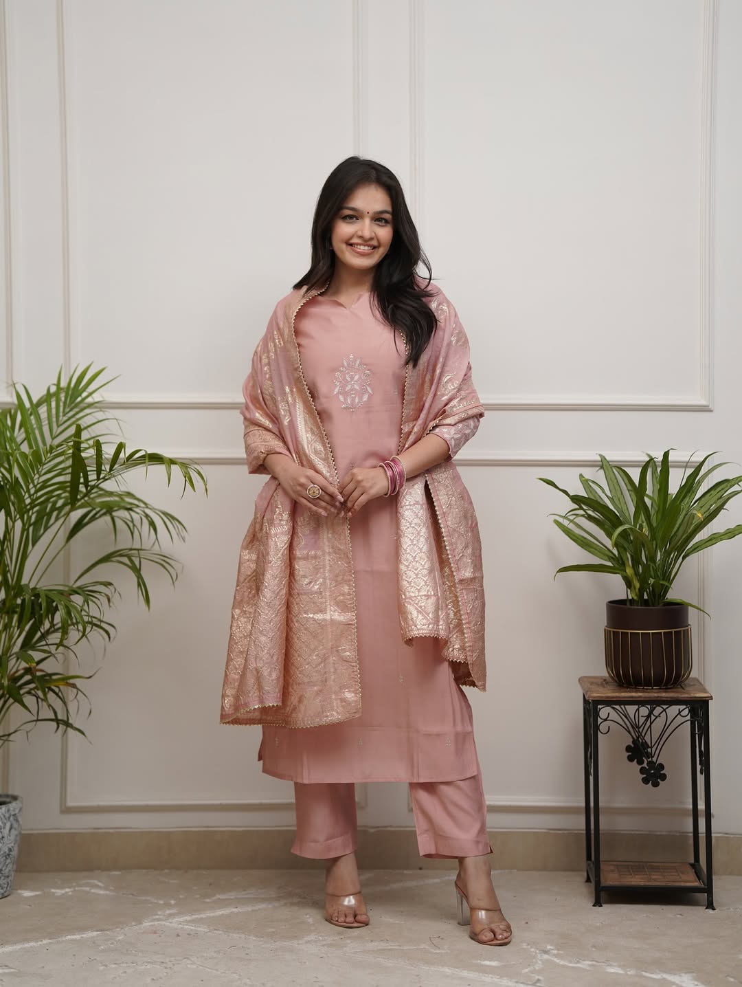 Peach PV Chanderi Suit Set with Dupatta | Elegant Embroidered Kurta Set