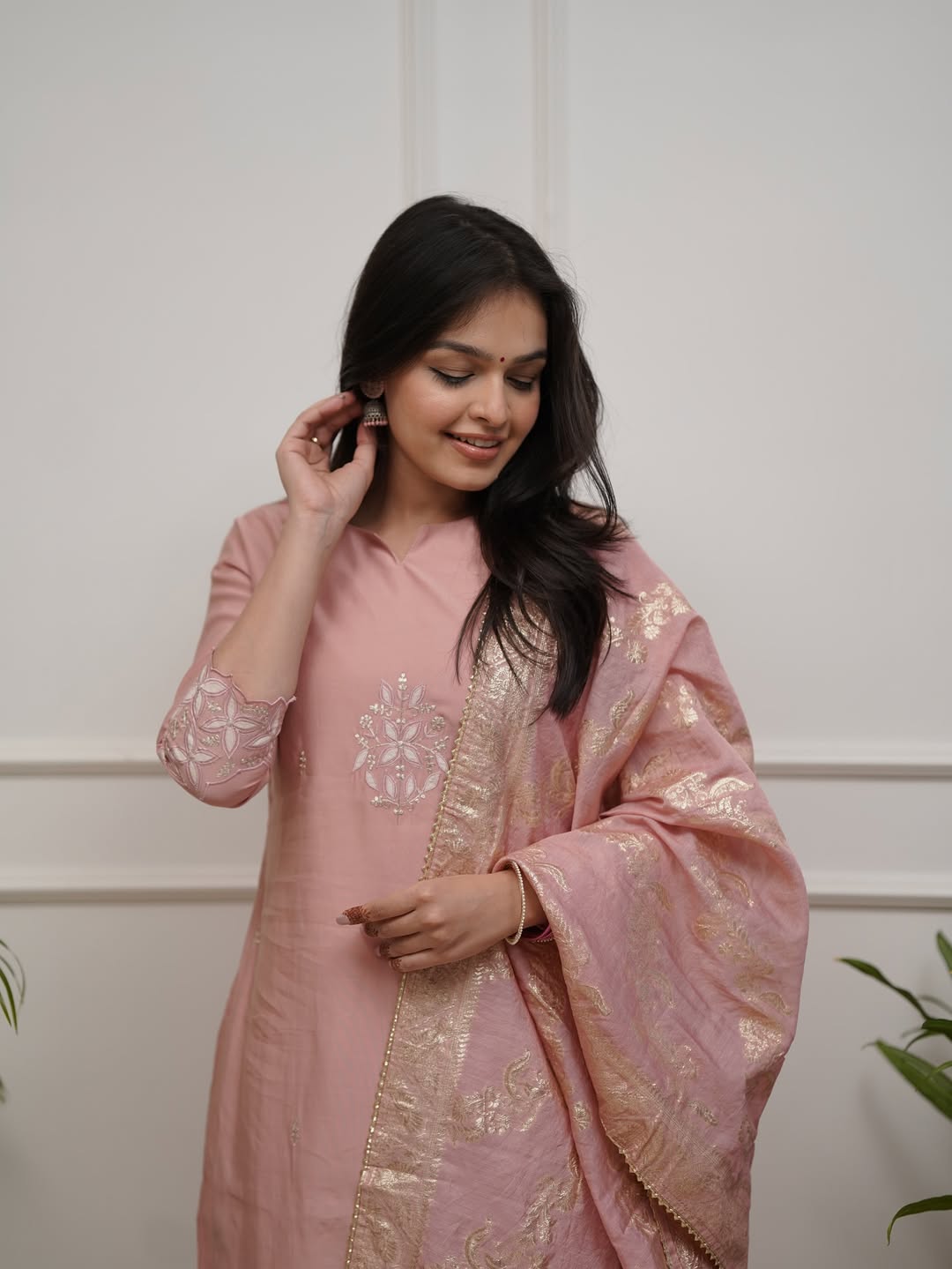 Peach PV Chanderi Suit Set with Dupatta | Elegant Embroidered Kurta Set