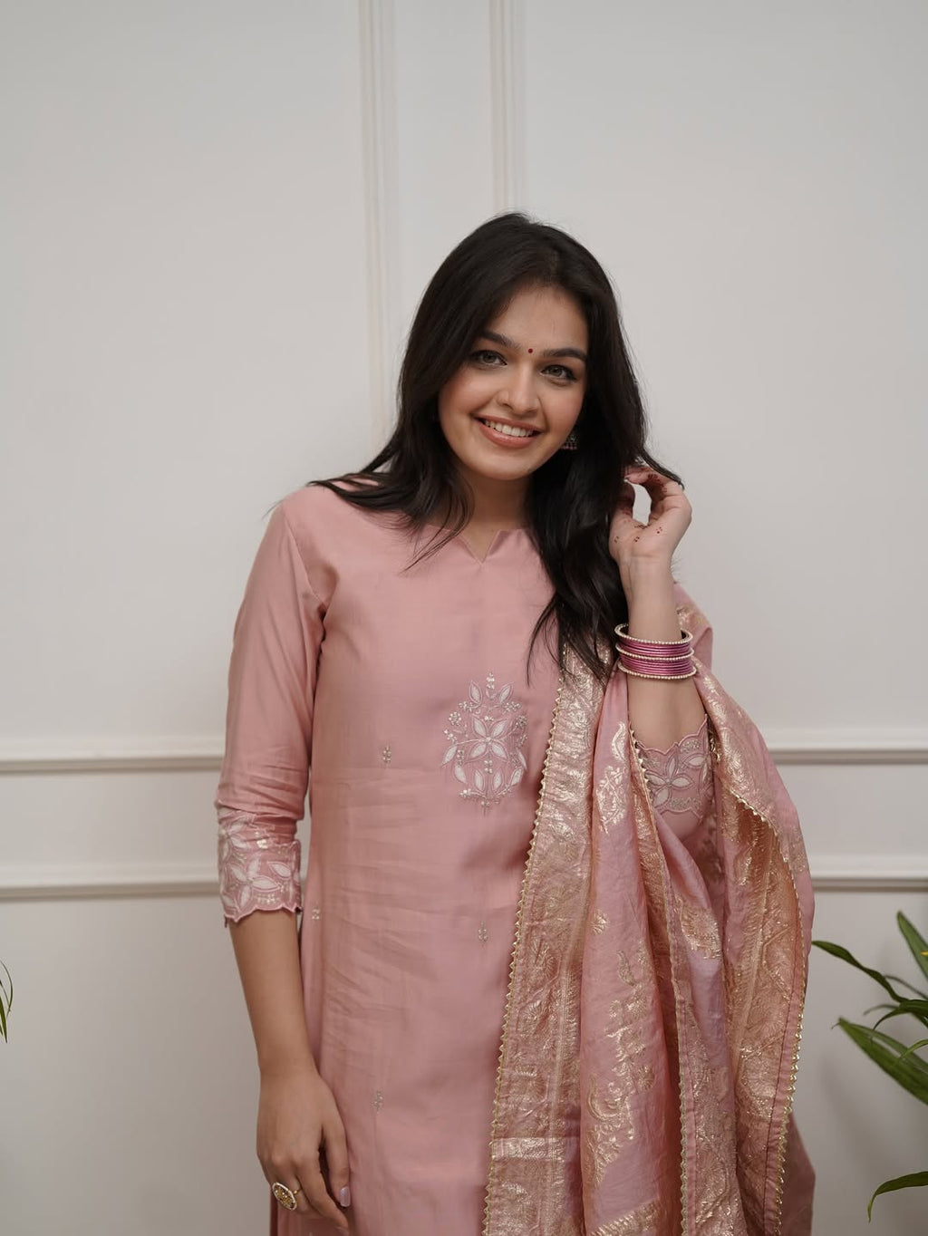 Peach PV Chanderi Suit Set with Dupatta | Elegant Embroidered Kurta Set