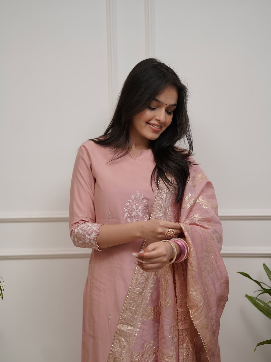 Peach PV Chanderi Suit Set with Dupatta | Elegant Embroidered Kurta Set