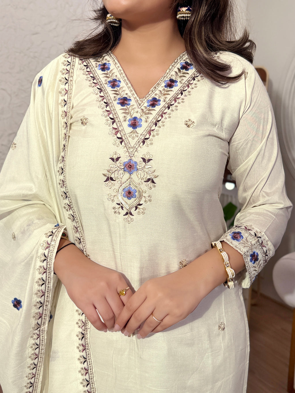 Ivory Viscose Silk Suit Set with Dupatta | Elegant Embroidered Kurta Set