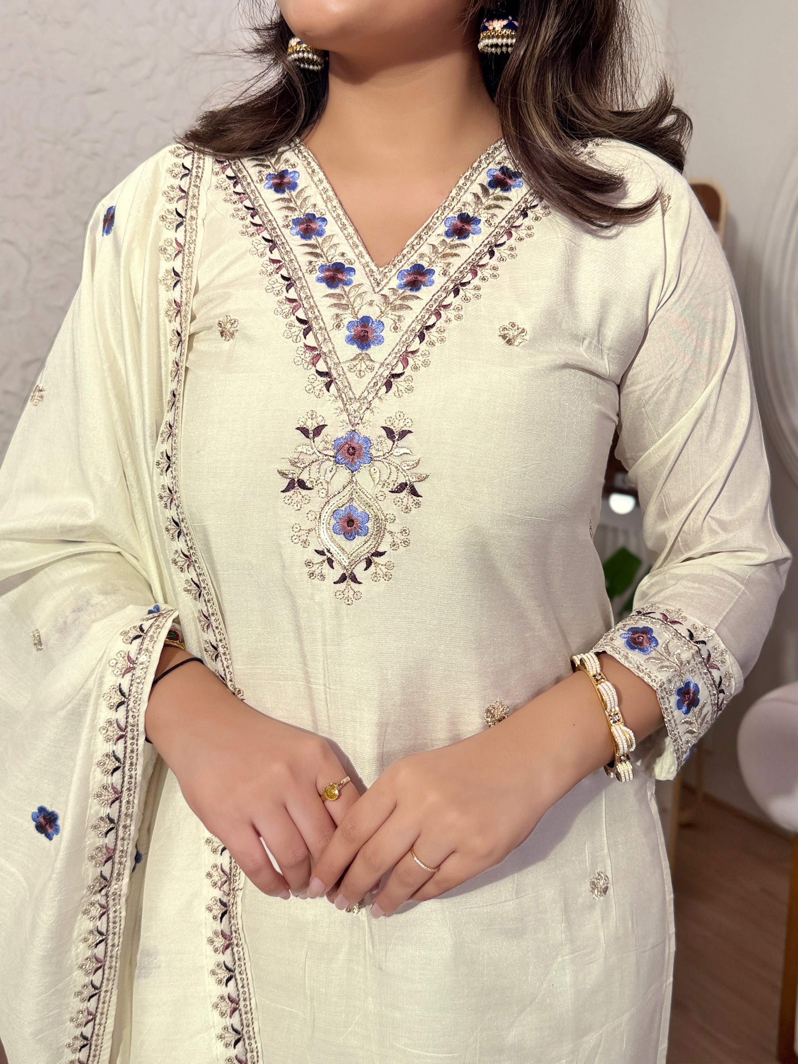 Ivory Viscose Silk Suit Set with Dupatta | Elegant Embroidered Kurta Set