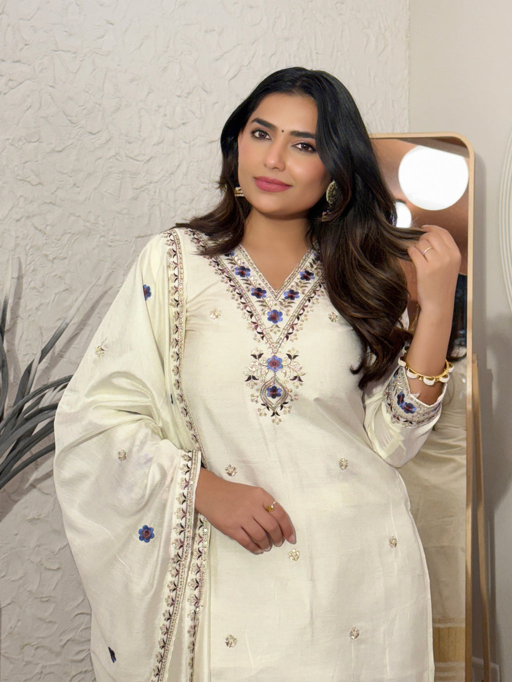 Ivory Viscose Silk Suit Set with Dupatta | Elegant Embroidered Kurta Set