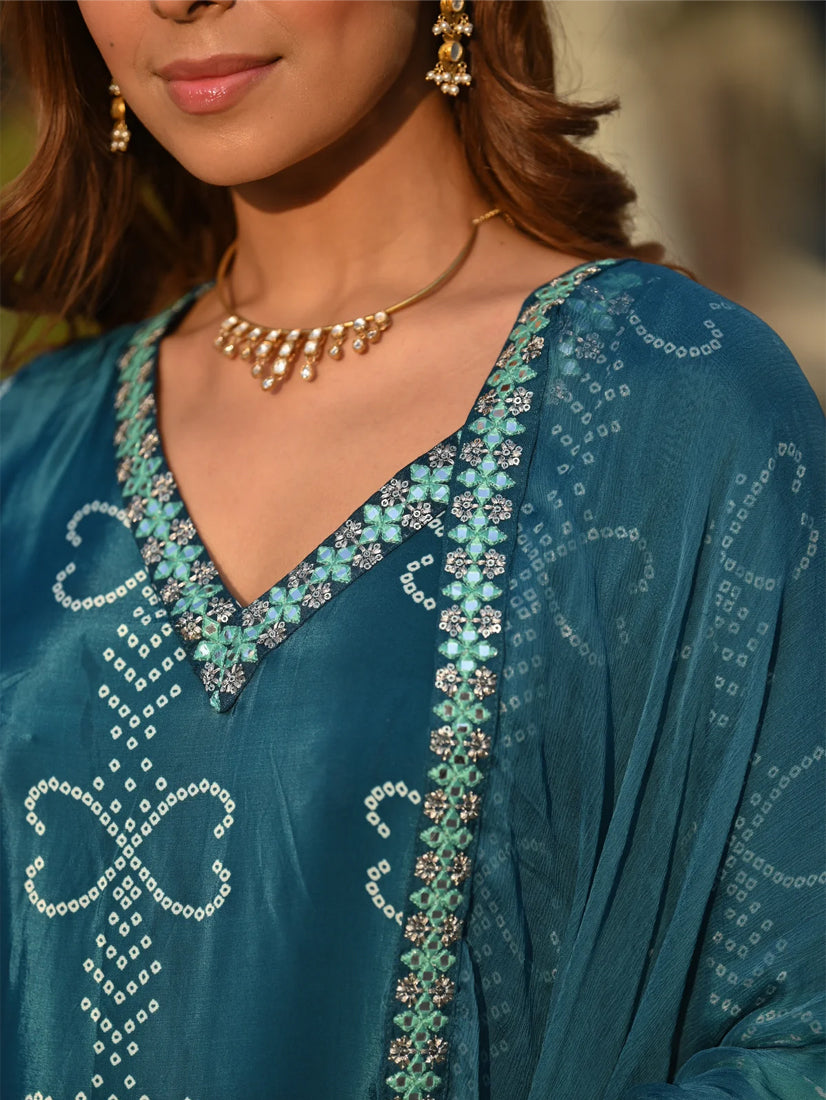 Teal Green Chinnon Silk Suit Set with Dupatta | Designer Printed & Embroidered Kurta Set