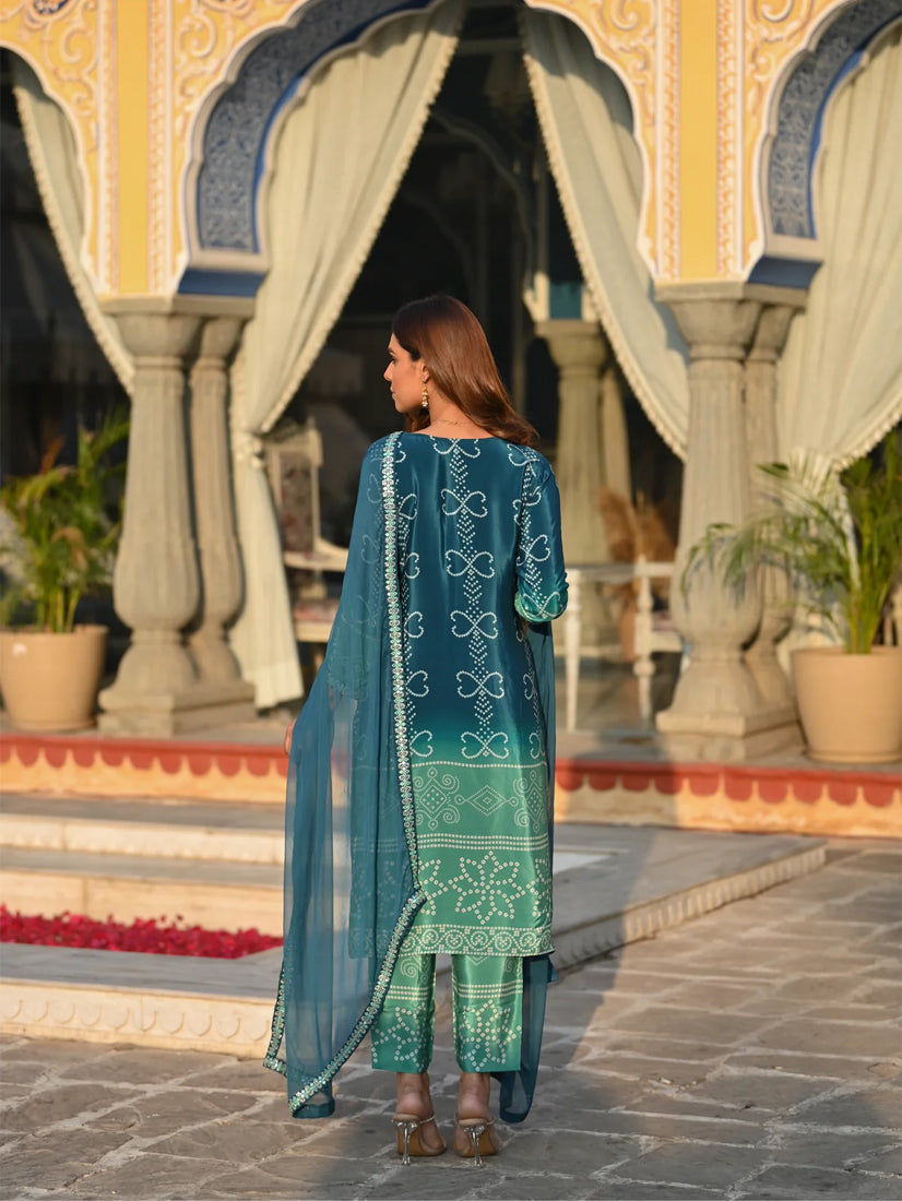 Teal Green Chinnon Silk Suit Set with Dupatta | Designer Printed & Embroidered Kurta Set