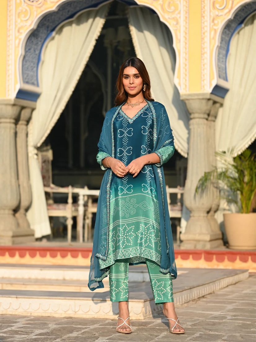 Teal Green Chinnon Silk Suit Set with Dupatta | Designer Printed & Embroidered Kurta Set