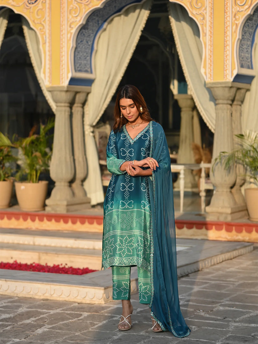 Teal Green Chinnon Silk Suit Set with Dupatta | Designer Printed & Embroidered Kurta Set