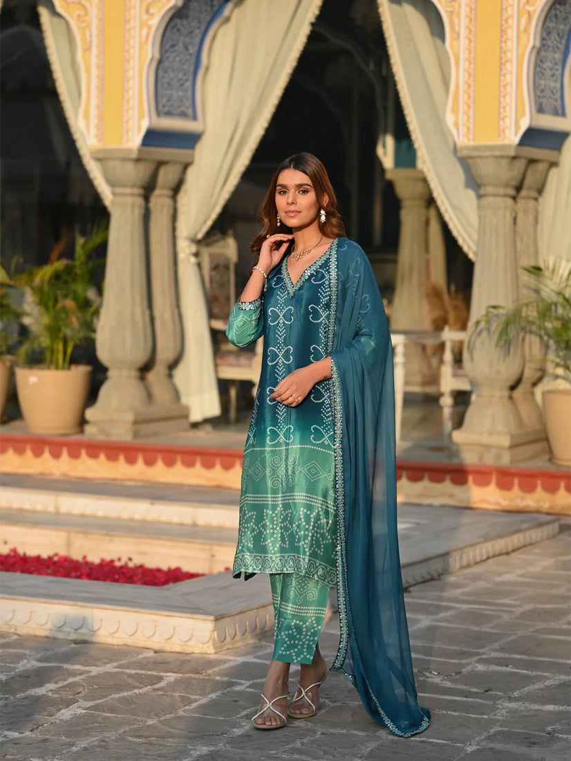 Teal Green Chinnon Silk Suit Set with Dupatta | Designer Printed & Embroidered Kurta Set