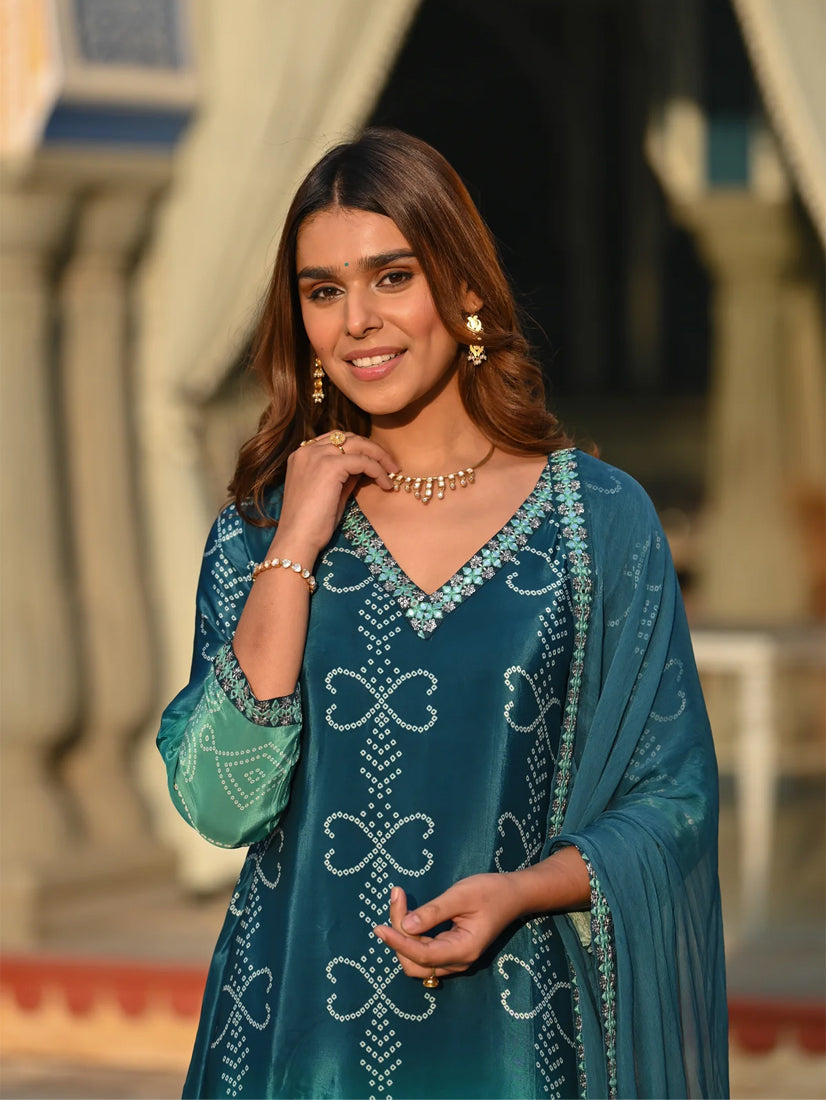 Teal Green Chinnon Silk Suit Set with Dupatta | Designer Printed & Embroidered Kurta Set