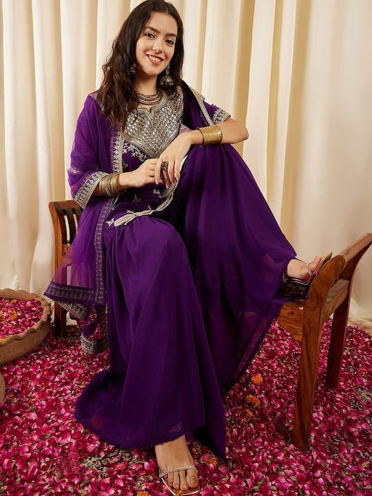 Purple Embroidered Kurta Sharara Set with Dupatta for Women | Festive & Wedding Wear