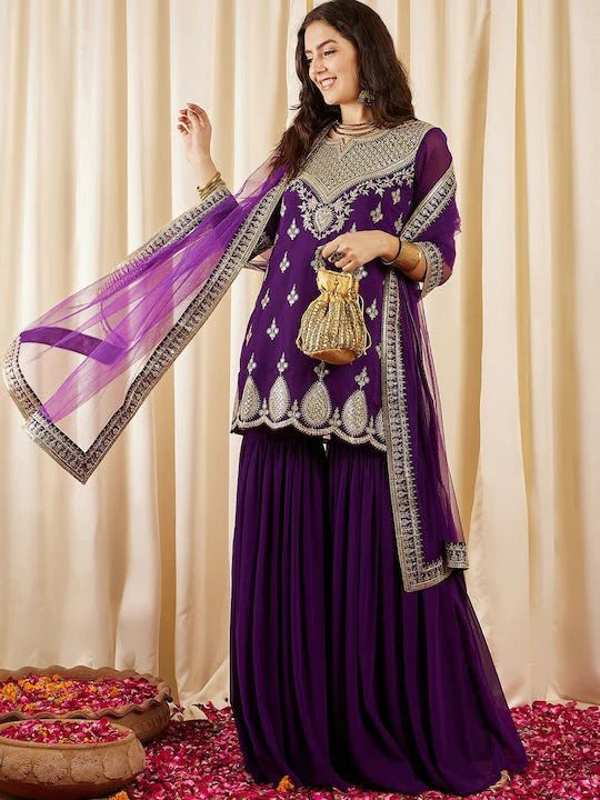 Purple Embroidered Kurta Sharara Set with Dupatta for Women | Festive & Wedding Wear