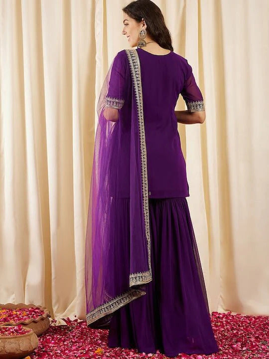 Purple Embroidered Kurta Sharara Set with Dupatta for Women | Festive & Wedding Wear