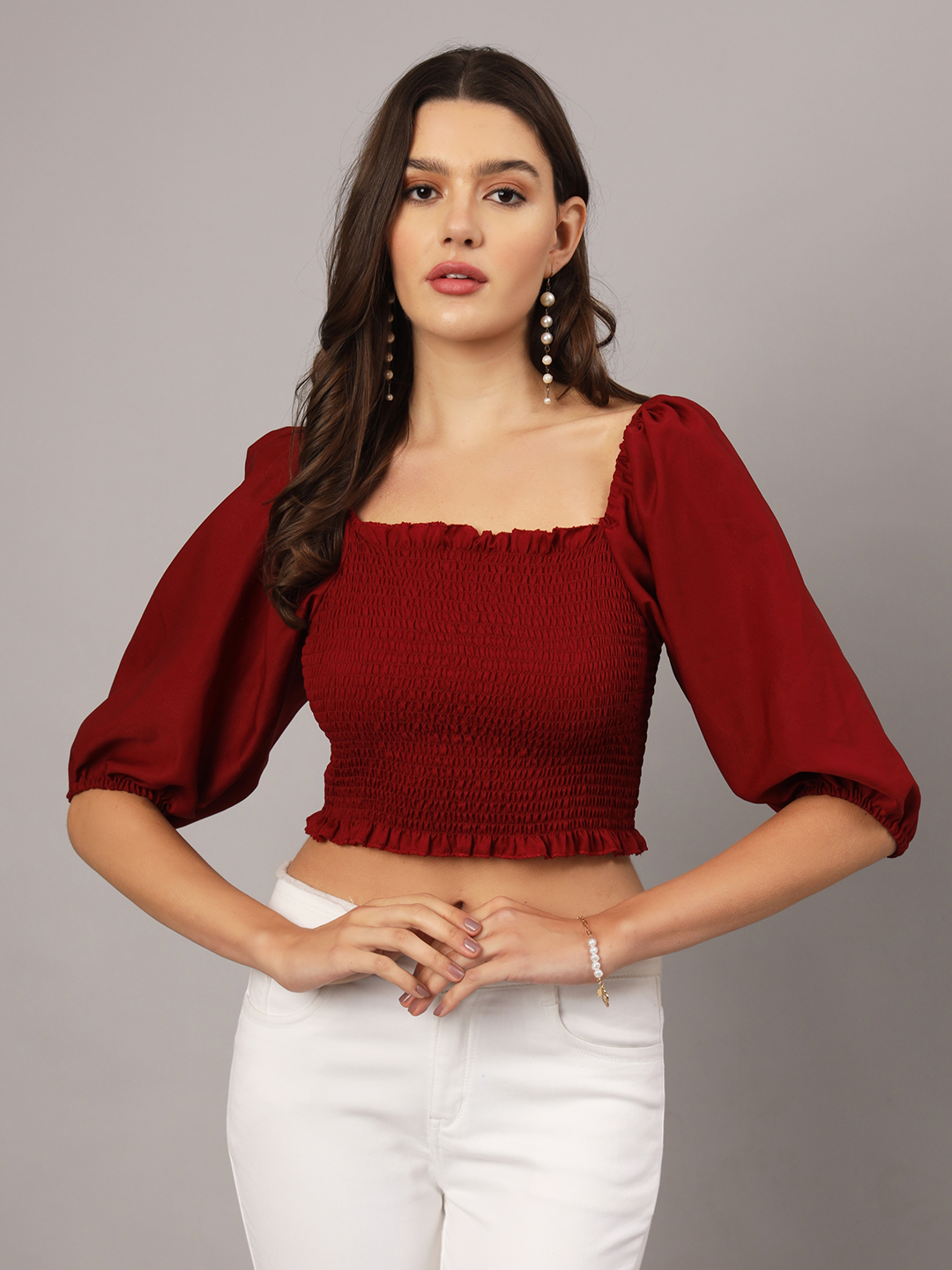 Red Crepe Smocked Balloon Sleeve Top | Stylish Peasant Crop Top