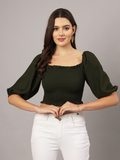 Black Crepe Smocked Balloon Sleeve Top | Stylish Peasant Crop Top