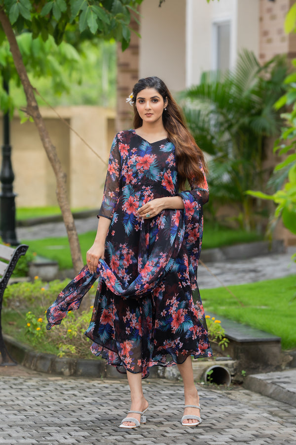 Black Floral Printed Faux Georgette Maxi Dress with Dupatta