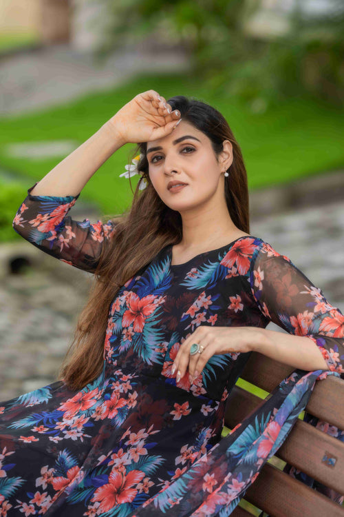 Black Floral Printed Faux Georgette Maxi Dress with Dupatta