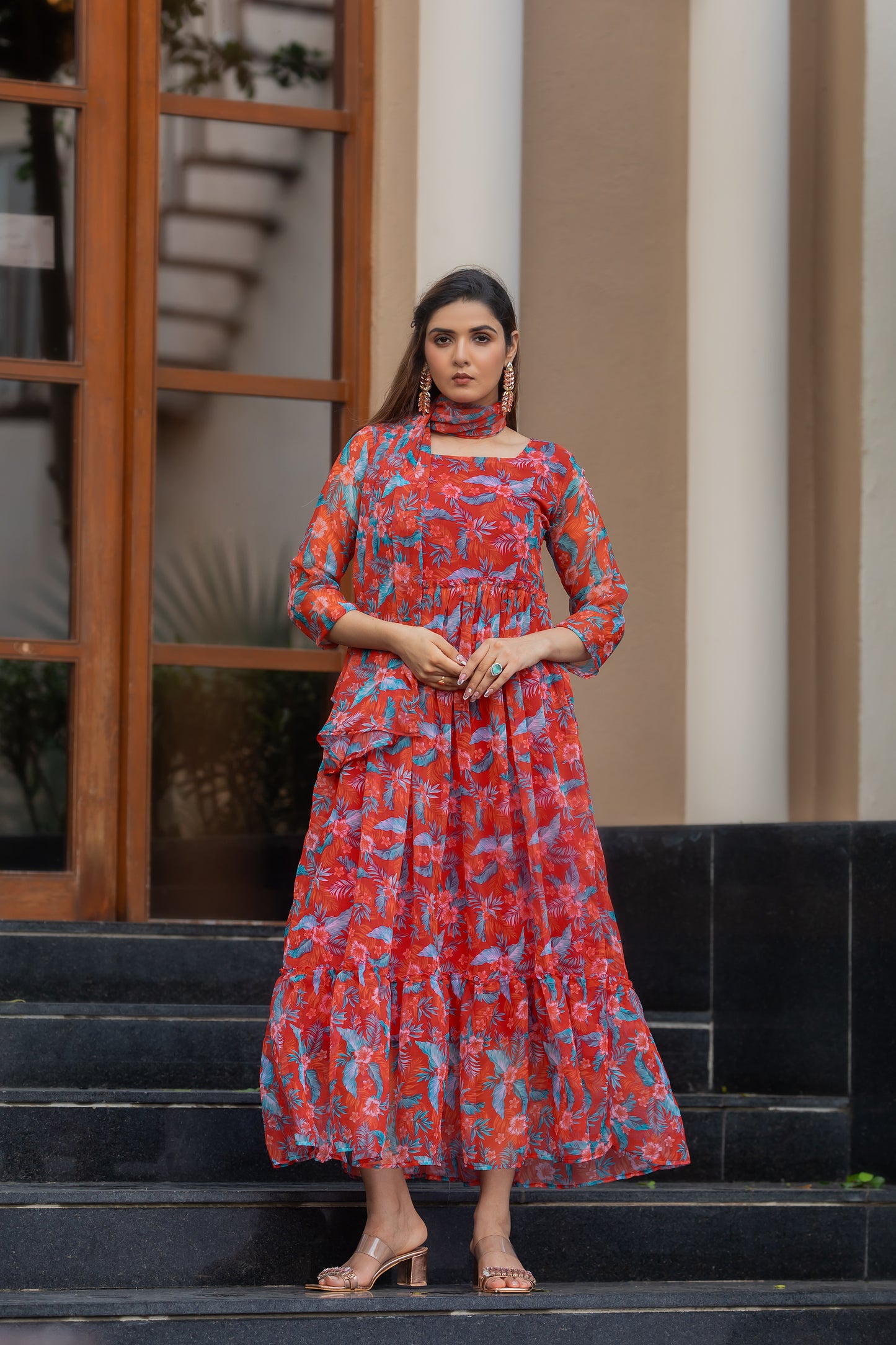 Orangey Red Floral Printed Faux Georgette Maxi Dress with Dupatta