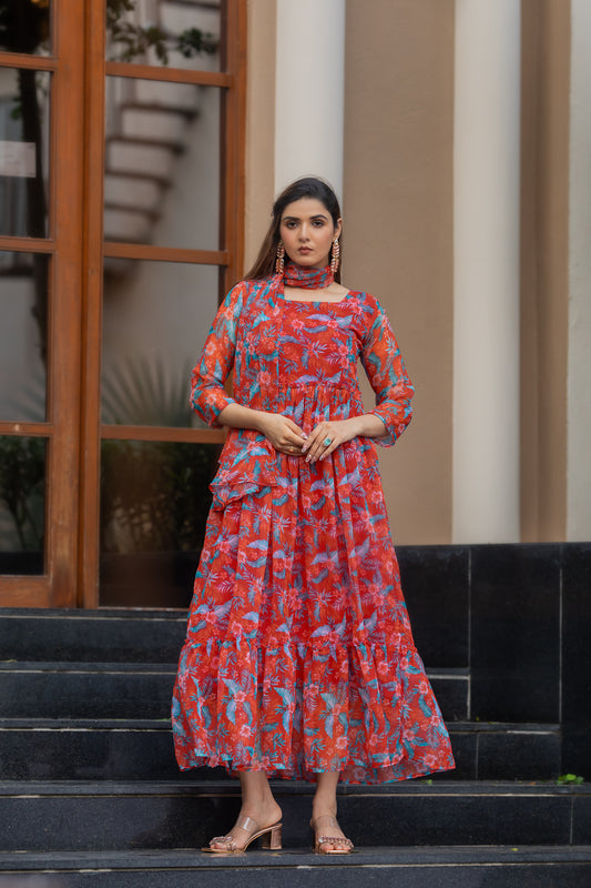 Orangey Red Floral Printed Faux Georgette Maxi Dress with Dupatta
