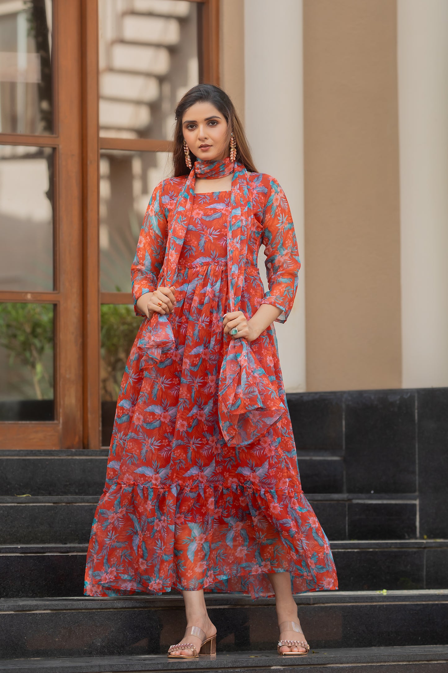 Orangey Red Floral Printed Faux Georgette Maxi Dress with Dupatta