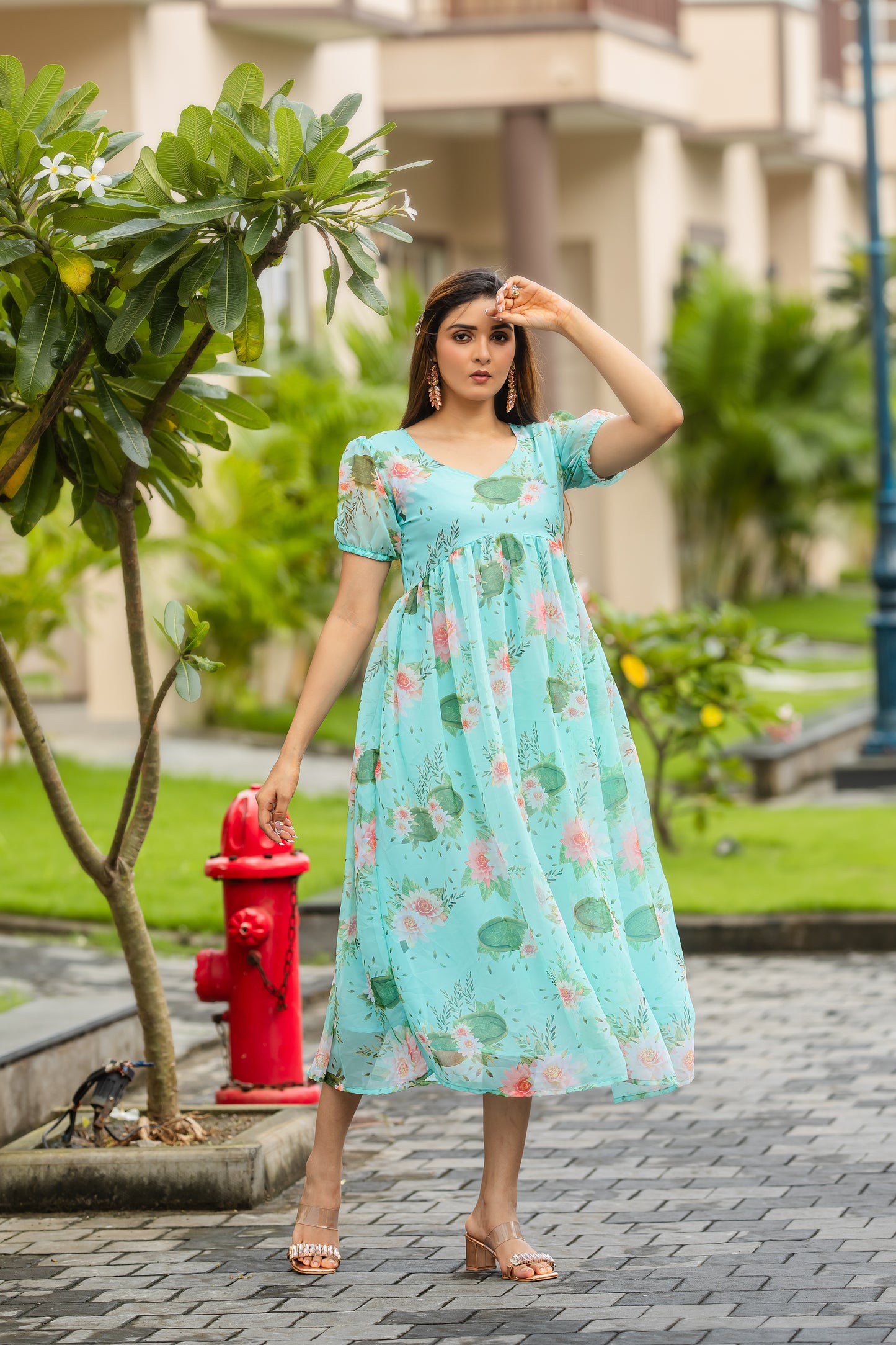 Cyan Blue Floral Printed Faux Georgette Maxi Dress