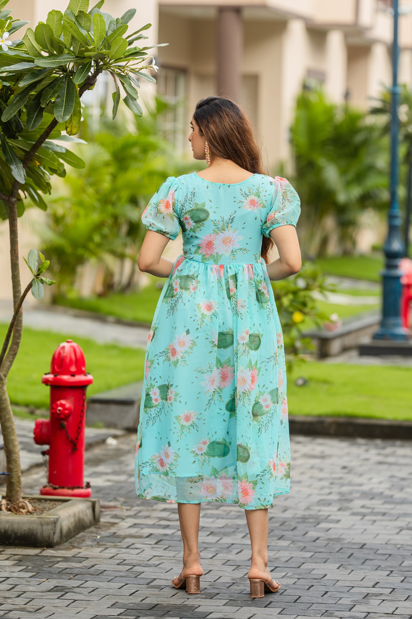 Cyan Blue Floral Printed Faux Georgette Maxi Dress