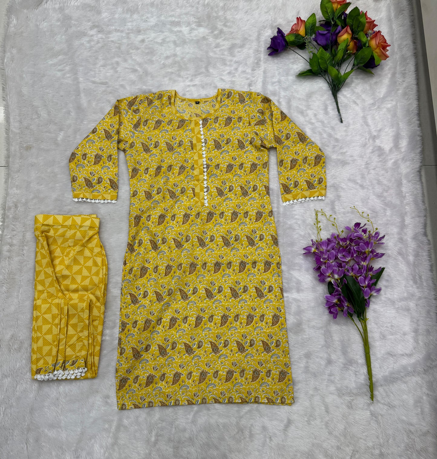 Mustard Yellow Floral Print Kurta Pant Set in Cotton