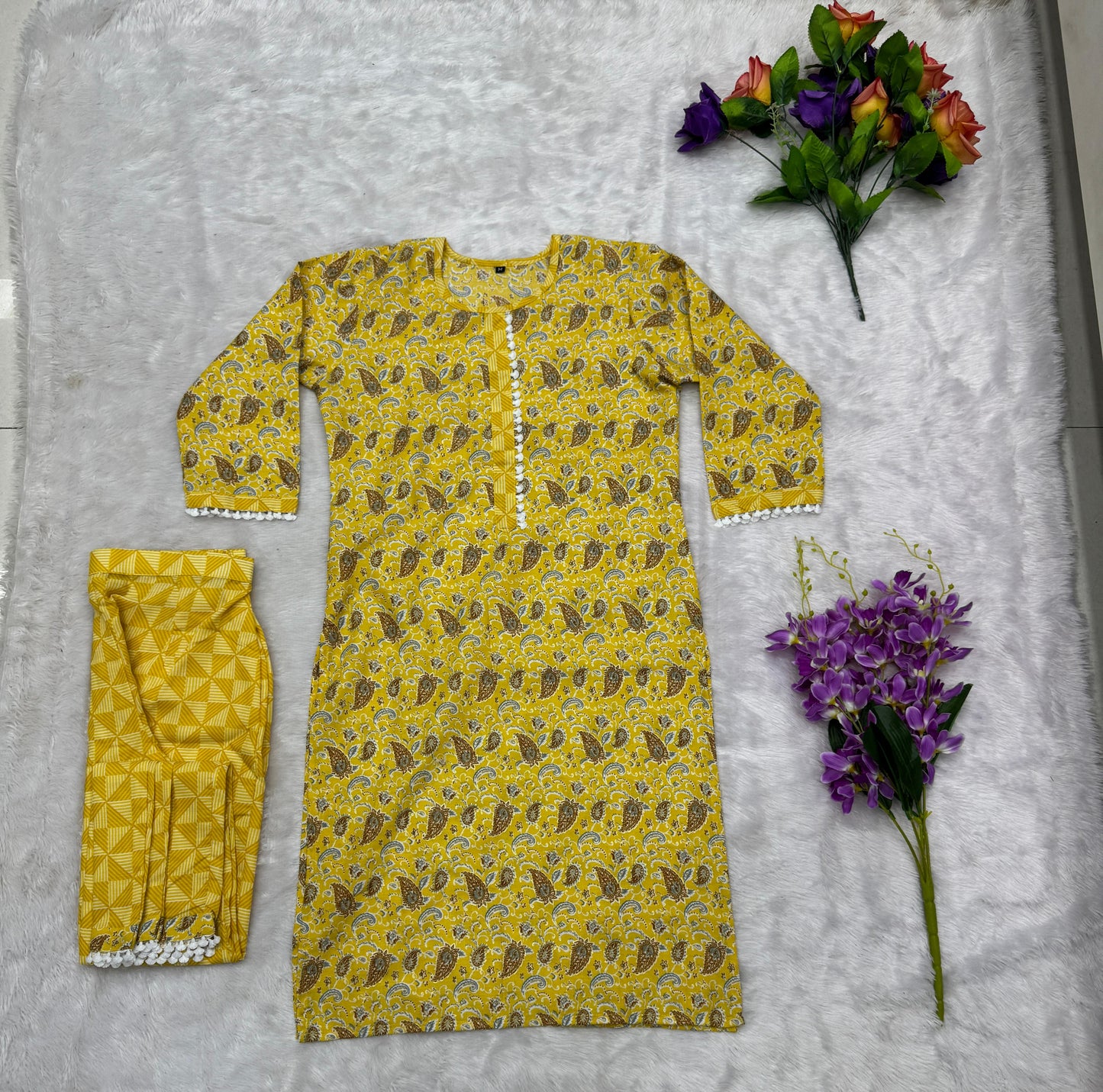 Mustard Yellow Floral Print Kurta Pant Set in Cotton