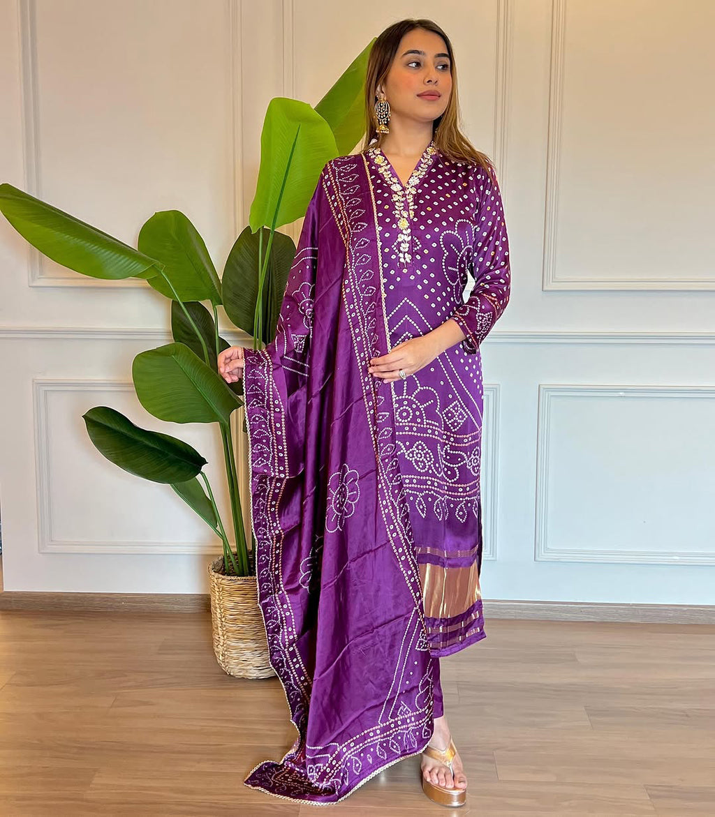 Purple Bandhani Print Embroidered Kurta Pant Dupatta Set – Ethnic Women's Suit for Festive & Wedding Wear