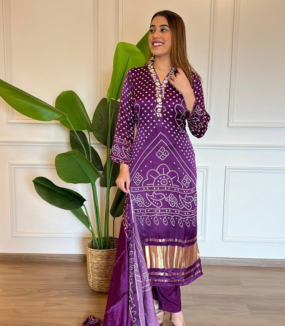 Purple Bandhani Print Embroidered Kurta Pant Dupatta Set – Ethnic Women's Suit for Festive & Wedding Wear