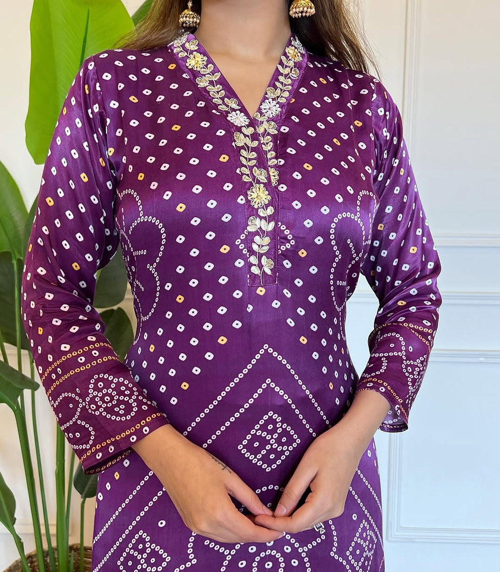 Purple Bandhani Print Embroidered Kurta Pant Dupatta Set – Ethnic Women's Suit for Festive & Wedding Wear
