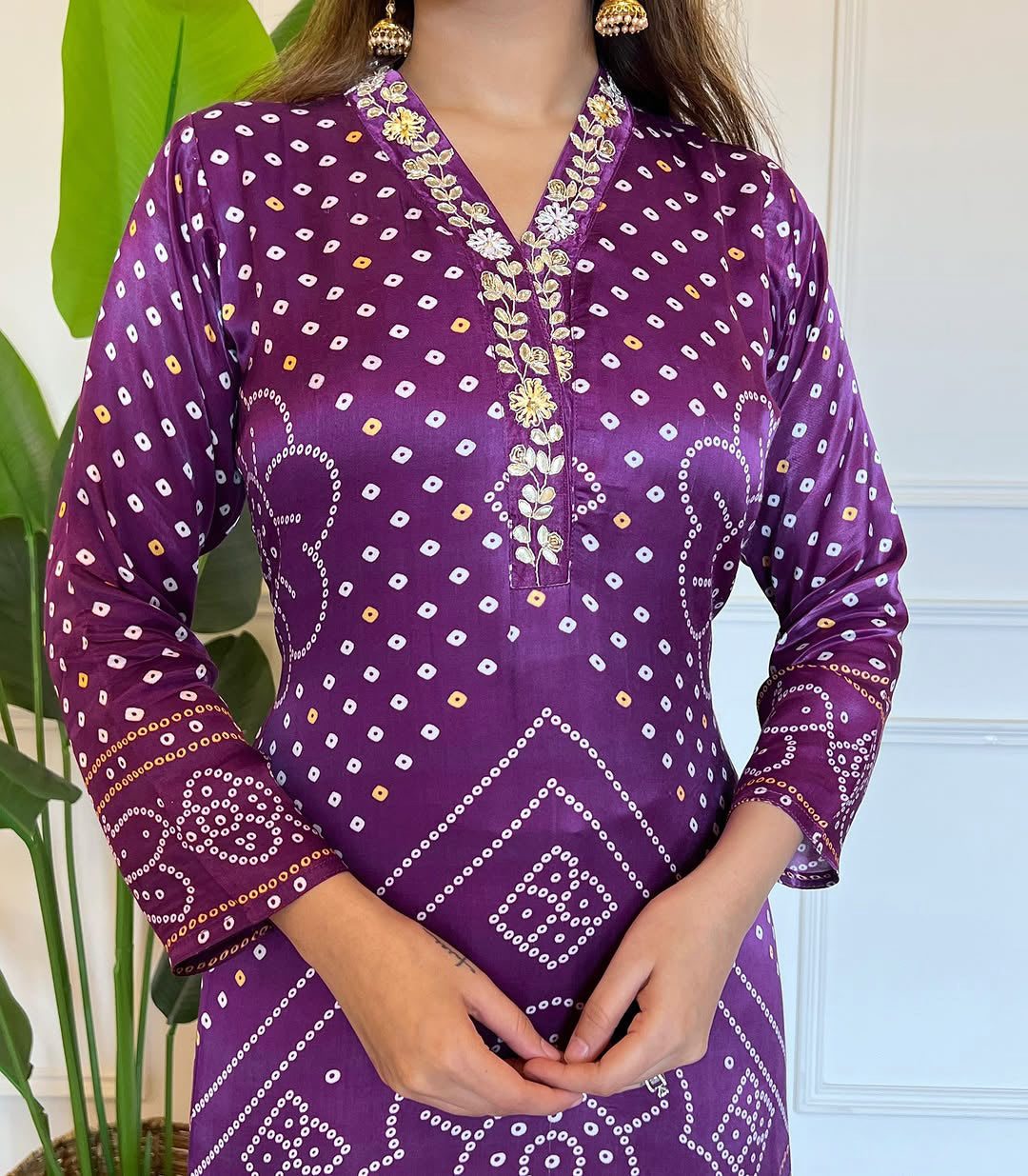 Purple Bandhani Print Embroidered Kurta Pant Dupatta Set – Ethnic Women's Suit for Festive & Wedding Wear