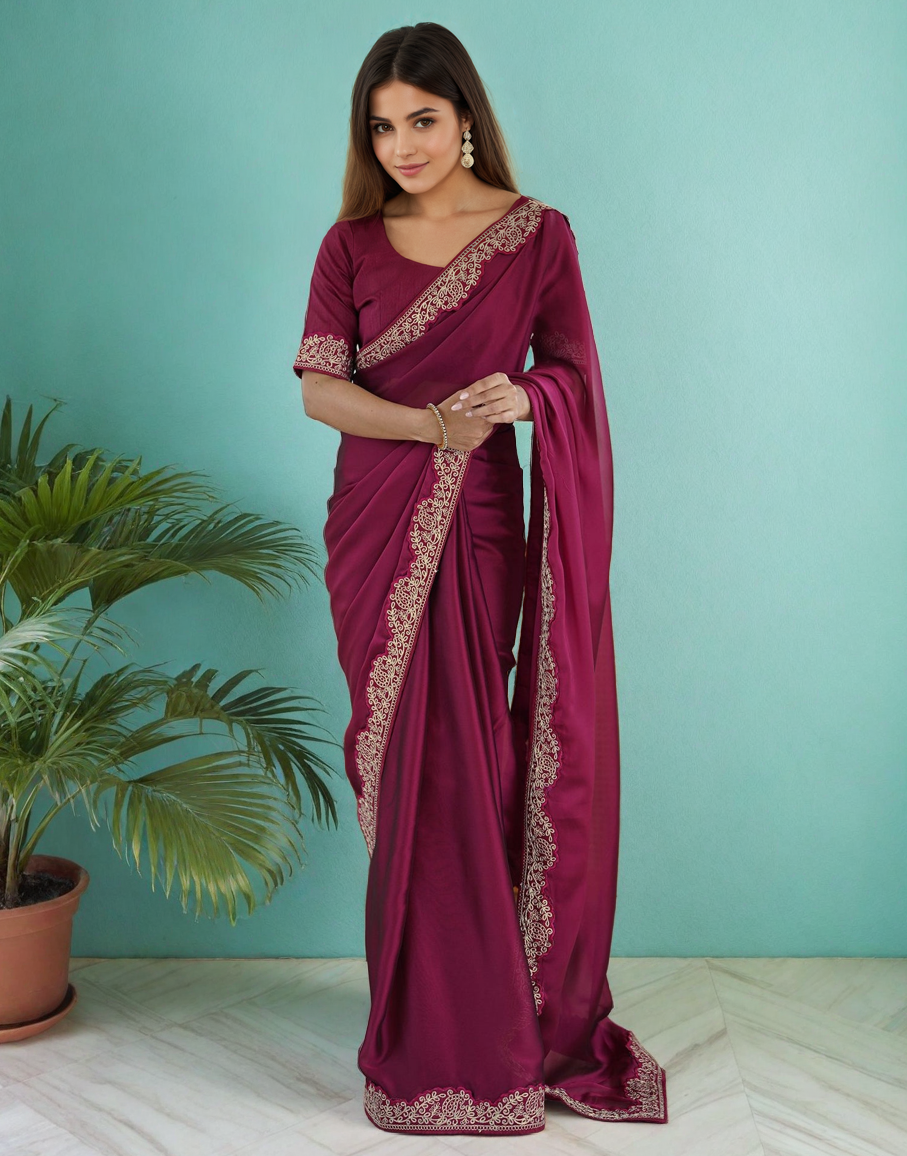 Magenta Silk Saree with Lace Work and Matching Blouse Piece