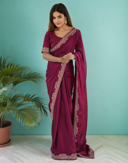 Magenta Silk Saree with Lace Work and Matching Blouse Piece